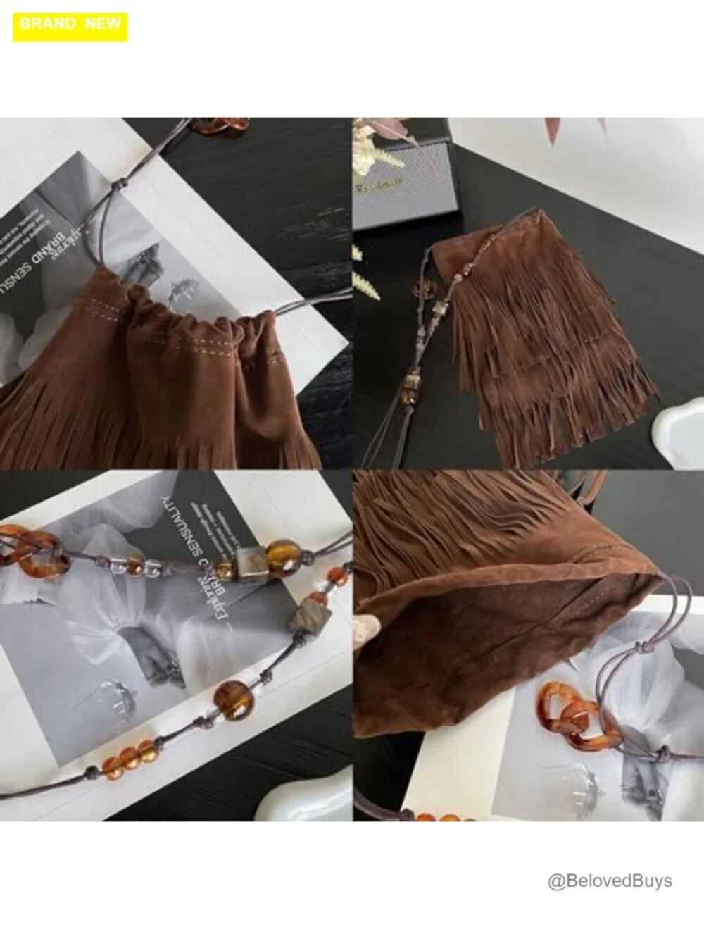 Faux Suede Fringe Crossbody Hobo Bag with Tassels